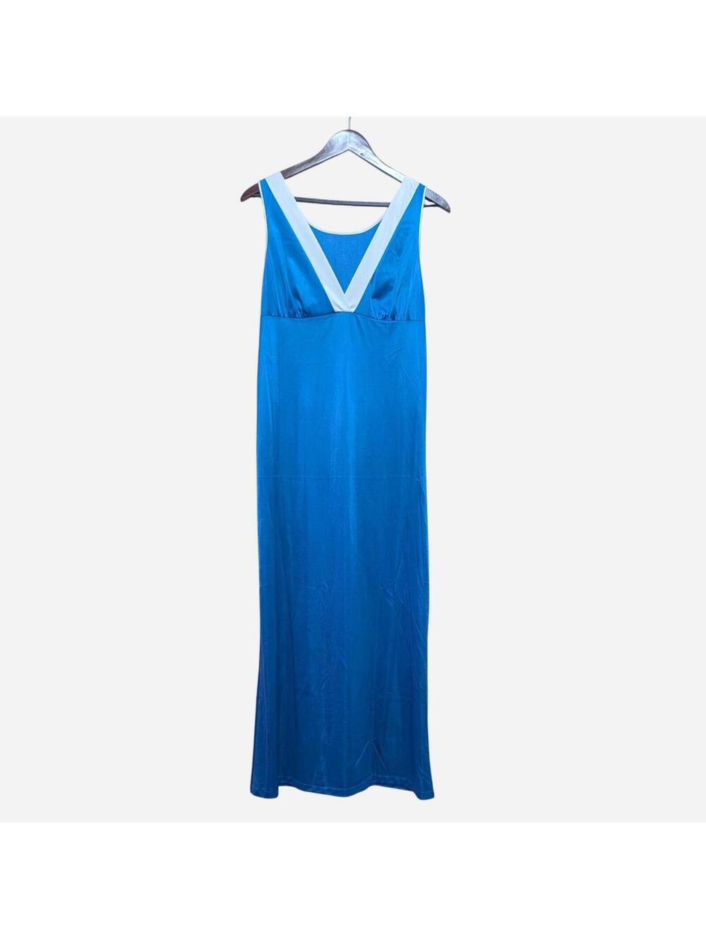 1960s Sears Cerulean Blue 100% Nylon Contrast Trim Maxi Negligee Slip Dress S